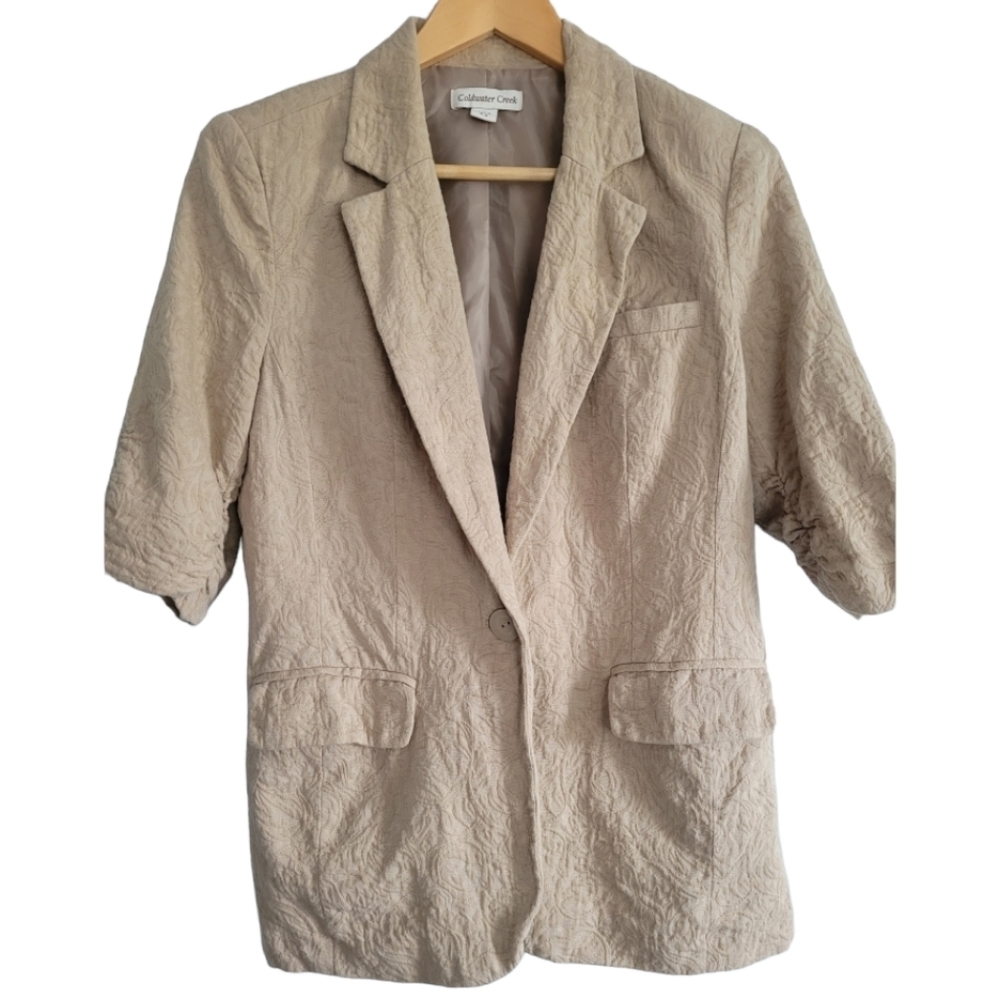Coldwater Creek Khaki Jaquard Print Lined Lightweight Short Sleeve Blazer Sz 4/6